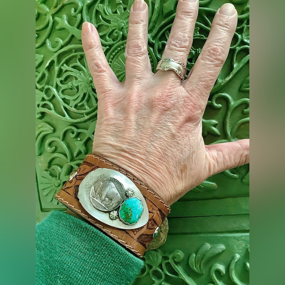 Turquoise/ leather cuf , up to 6 1/2” wrist